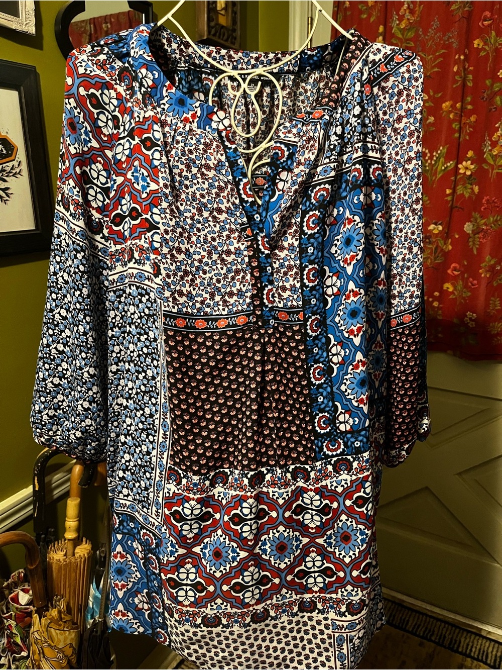 Zac & Rachel Blue Red Ivory Black Floral Patchwork Blouse 2X